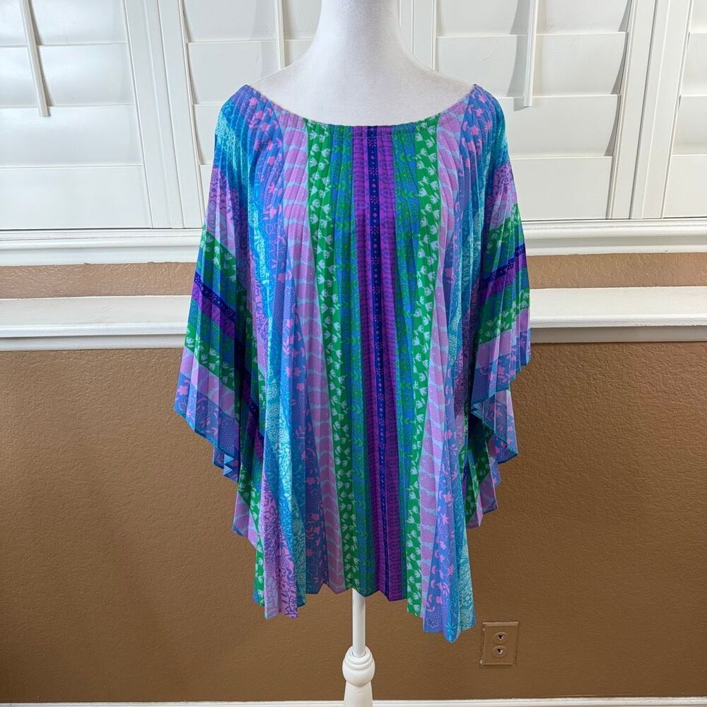 Vintage 70s Greencastle Pleated Kaftan Blue Purple Mumu Accordian Cape Boho OS